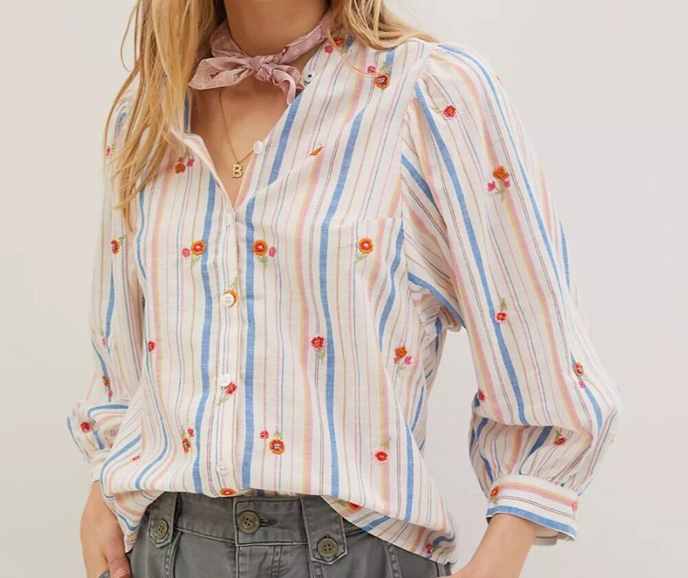 Anthropologie Pilcro Bella Femme Embroidered Beaded Button Up Top Size Large